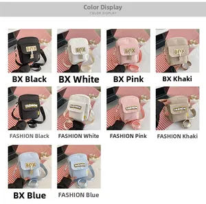 Multi-color canvas crossbody bags featuring metal box tags and fashion fabric patches