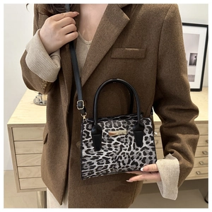 Détail du petit sac carré à imprimé léopard avec poignées et détails en métal doré