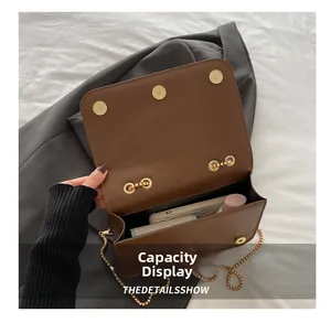 Macro view of brown leather bag interior showing phone, lipstick and gold chain