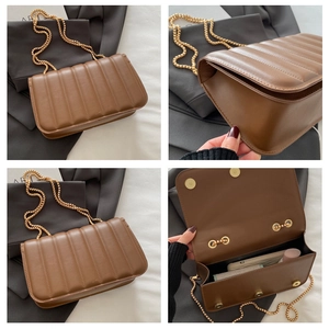 Detailed views of brown quilted shoulder bag with gold chain strap and interior space