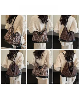 Detailed views of leopard print canvas tote bag showing various shoulder carrying styles
