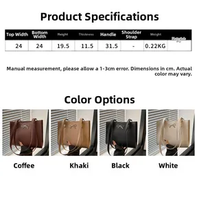 Detailed size specifications for the PU leather tote bag with a metallic bow ornament