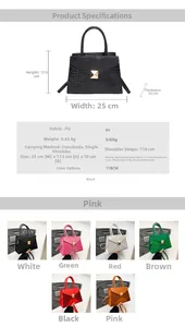 Detailed view of PU leather handbag specifications including size, colors, and strap length