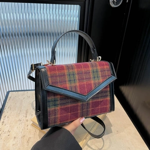 Sac à Main en Laine à Carreaux Rétro pour Femmes Sac Bandoulière Carré à Carreaux à la Mode Avec Bordure en Cuir PU
