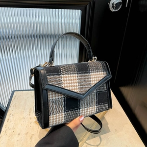 Sac à main rétro en tweed à carreaux pour femmes avec garniture en cuir noir et bandoulière