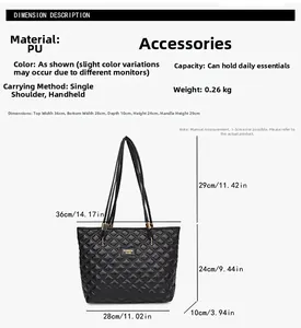 Detailed size chart for black quilted PU tote bag with dimensions and handle height