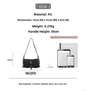 Tableau des tailles du sac vintage en PU noir avec dimensions et comparaison papier A4