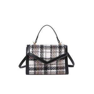 Sac à main rétro en tweed pour femme avec rabat en V et anneaux en métal doré chic