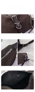 Détails de la boucle métallique et de la fermeture éclair du sac marron foncé