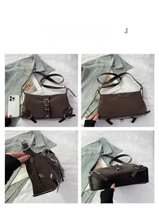 Détails montrant l'avant, l'arrière et le côté du sac rétro marron foncé avec boucles