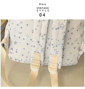 Close-up of star print backpack padded straps and adjustable plastic buckles