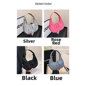 Collage of crescent bags in silver, fuchsia, black, and blue monogrammed patterns