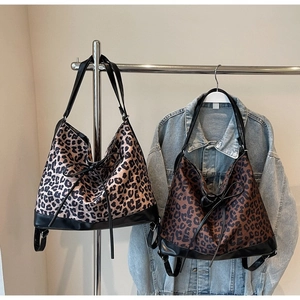 Fashion Leopard Print Large Capacity Tote Bag For Women Suede Bow Decor Shoulder Bag Urban Retro Casual Commuter Handbag