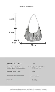 Size chart showing silver PU crescent bag dimensions 21x12x6cm with shoulder strap details
