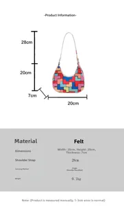 Size chart showing dimensions 20x20x7cm for the multi-color felt shoulder bag