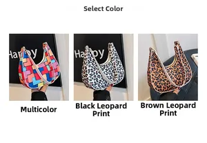 Detailed comparison of multicolor and leopard print felt underarm bags with white piping