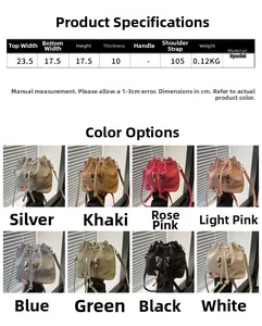 Detail view of mini drawstring bucket bag with bow ornament in eight diverse colors