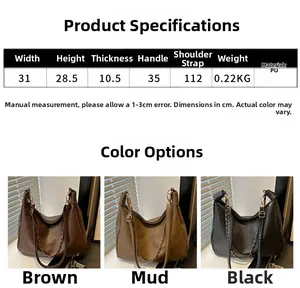 Guide des tailles de sac fourre-tout en cuir PU avec dimensions et coloris variés