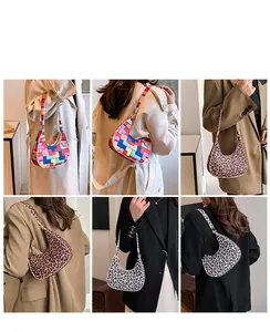 Collage of crescent shoulder bags featuring various patterns like leopard and geometric prints