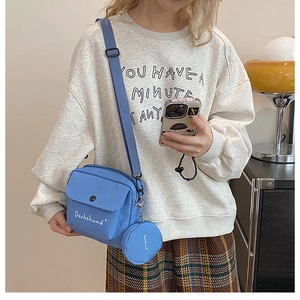Close-up of blue canvas crossbody bag with Dachshund print and round coin purse
