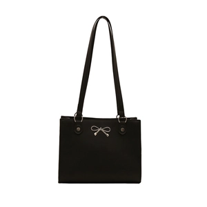 Minimalist black tote bag for women with square structure and silver bow detail