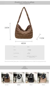 Detailed chart showing heart quilted down shoulder bag dimensions and material specs
