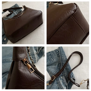 Détails du sac fourre-tout en cuir PU marron avec coutures, chaîne et fermeture éclair