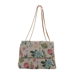 Retro corduroy crossbody bag with woven floral pattern and vintage metal chain strap