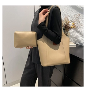 Beigefarbenes Damen-Tote-Bag-Set aus PU-Leder mit passender Reißverschlusstasche