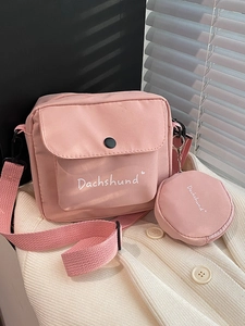 Pink canvas shoulder bag with Dachshund print and matching round coin purse pouch