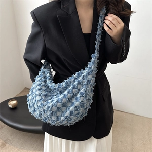 Retro Denim Checkerboard Tote Bag Frayed Fringe Large Capacity Hobo Shoulder Bag Casual Commuter Underarm Bag For Women