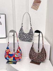 Women Felt Underarm Bag Leopard Geometric Printed Crescent Baguette Bag Trendy Casual Shoulder Bag Small Square Bag Handbag