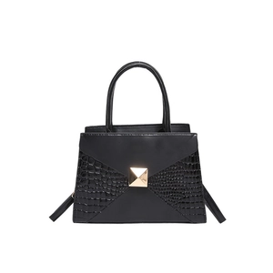 Minimalist black PU leather underarm bag with crocodile pattern and gold buckle