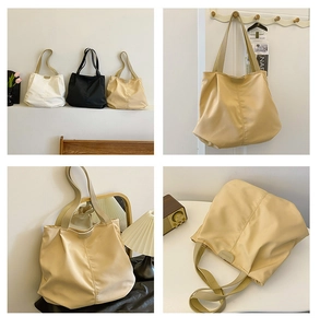 Close-up of minimalist nylon tote bags in beige, black and khaki with fashion logo tag