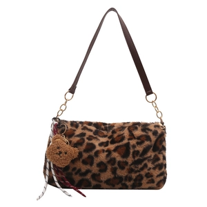 Sac fourre-tout chic en peluche léopard pour femmes avec bandoulière en cuir et ours
