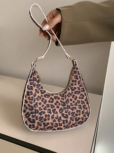 Fashionable leopard print hobo bag with white leather trim and golden metal ring