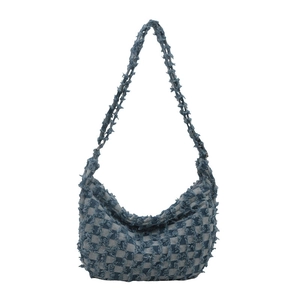 Denim checkerboard hobo bag with fringe details and large capacity for women