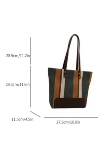 Detailed dimensions of the striped canvas tote bag with brown leather handles and base