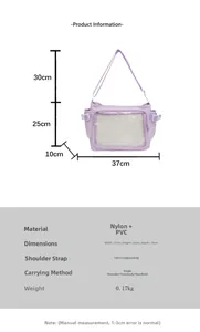 Detail of lavender nylon tote with transparent PVC pocket and adjustable shoulder strap