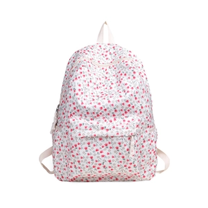 Minimalist floral canvas backpack for women featuring pink tulip patterns on white background