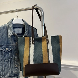 Women Large Capacity Striped Canvas Tote Bag Fashion Retro Polyester Shoulder Bag With Leather Bottom For Commuting Travel