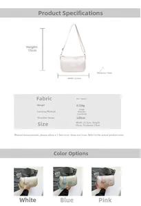 Detailed spec sheet of an embroidered crossbody bag with dimensions and color options