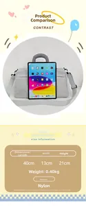 Detailed size specifications of gray nylon travel bag showing 40cm length and iPad comparison