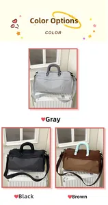 Detail showing high-capacity travel bags in gray, black, and brown with woven fabric texture