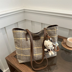 Vintage Karierte Tweed Tragetasche Große Kapazität Wildleder Umhängetasche Für Damen Mode Pendler Handtasche Hahnentritt Tasche