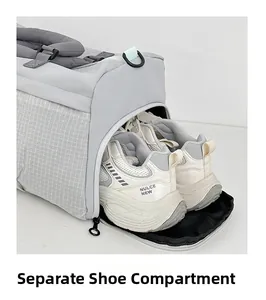 Detail showing side shoe compartment of gray gym bag with white sneakers inside