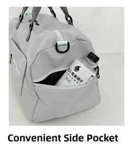 Detail showing the gray travel bag's side pocket with a bottle for capacity display
