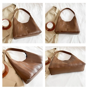 Detailed views of dark brown tote bag showing textured leather finish and trapezoid shape