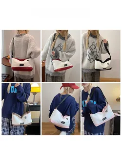 Multiple views showing adjustable wide straps and stylish color-block canvas crossbody bags