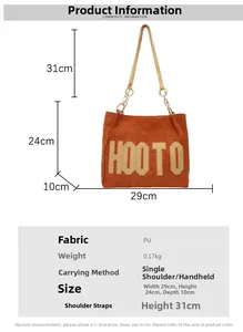Sac cabas en daim caramel avec écusson HOOTO et tableau des tailles détaillé
